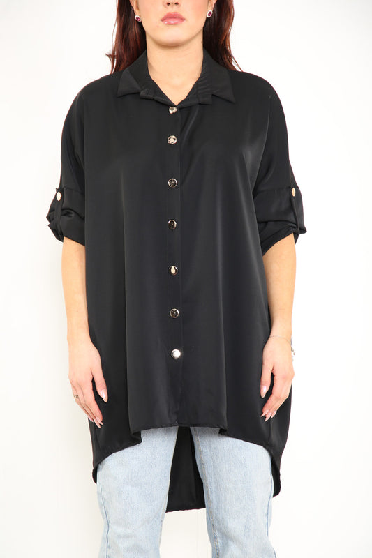 Ladies Plain Shirt With Roll Up Sleeves Black