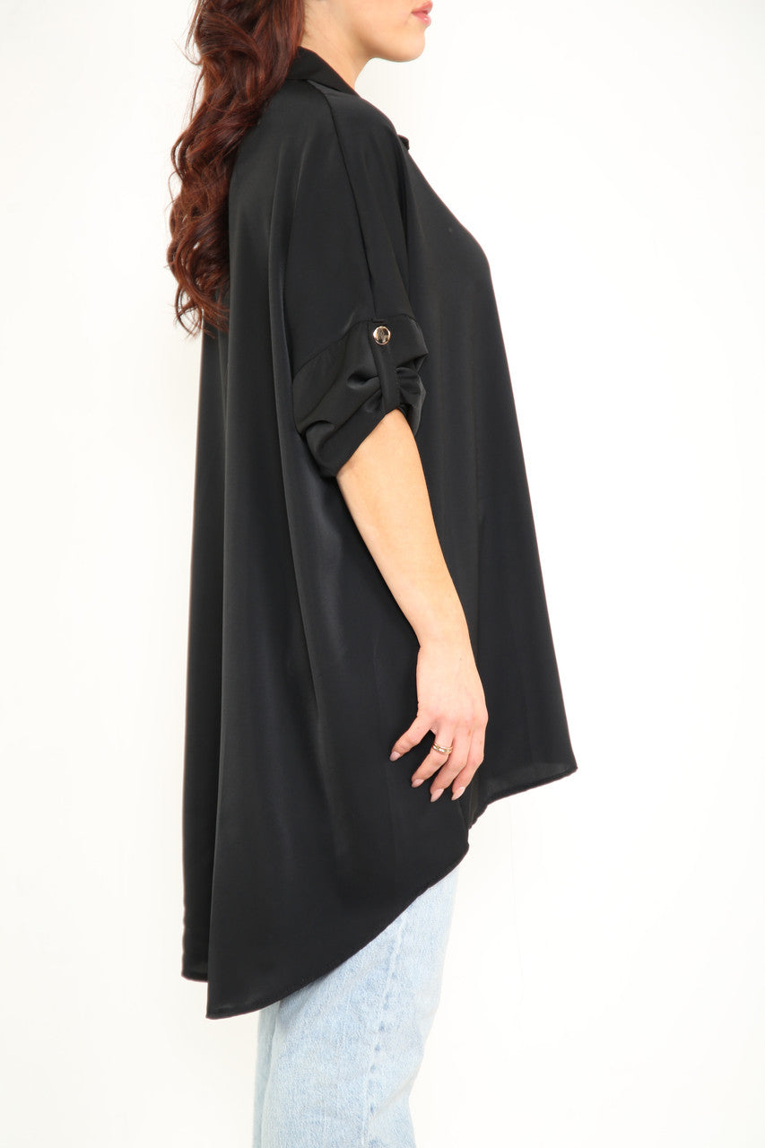 Dames Effen Blouse Met Oprolmouwen Zwart