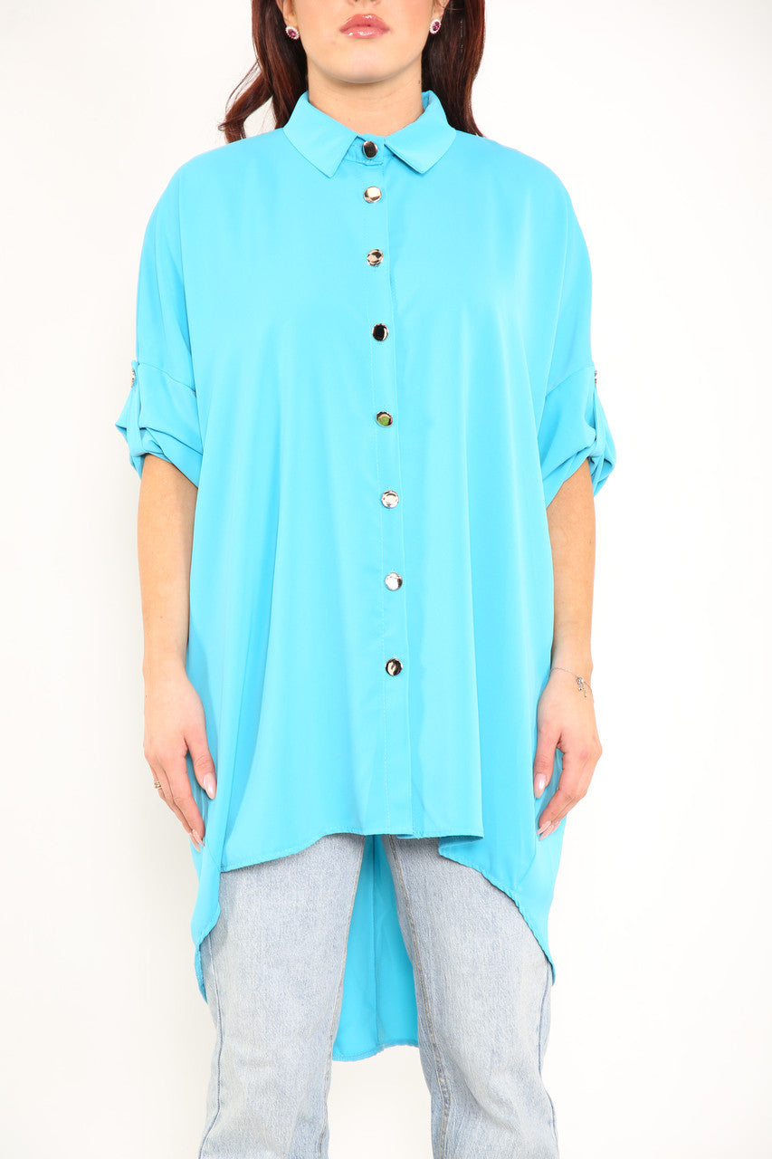 Ladies Plain Shirt With Roll Up Sleeves Turquoise