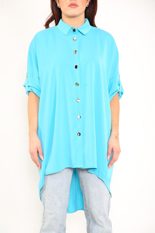 Ladies Plain Shirt With Roll Up Sleeves Turquoise