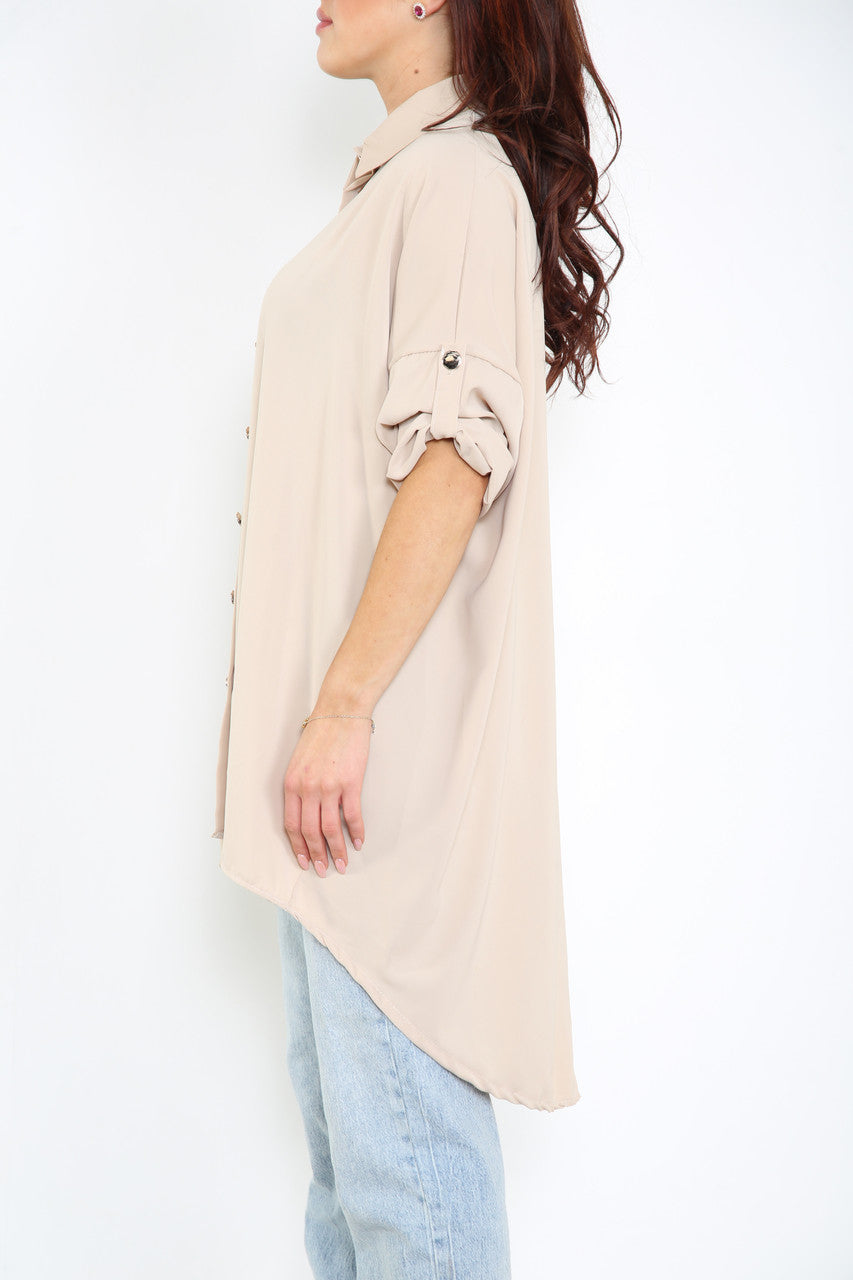 Ladies Plain Shirt With Roll Up Sleeves Stone