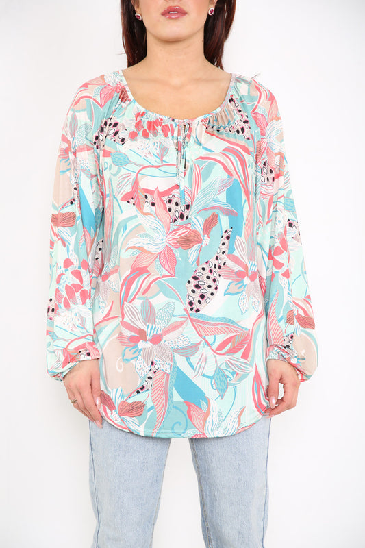 Ladies Paisley Print Slinky Blouse Top Sky Blue