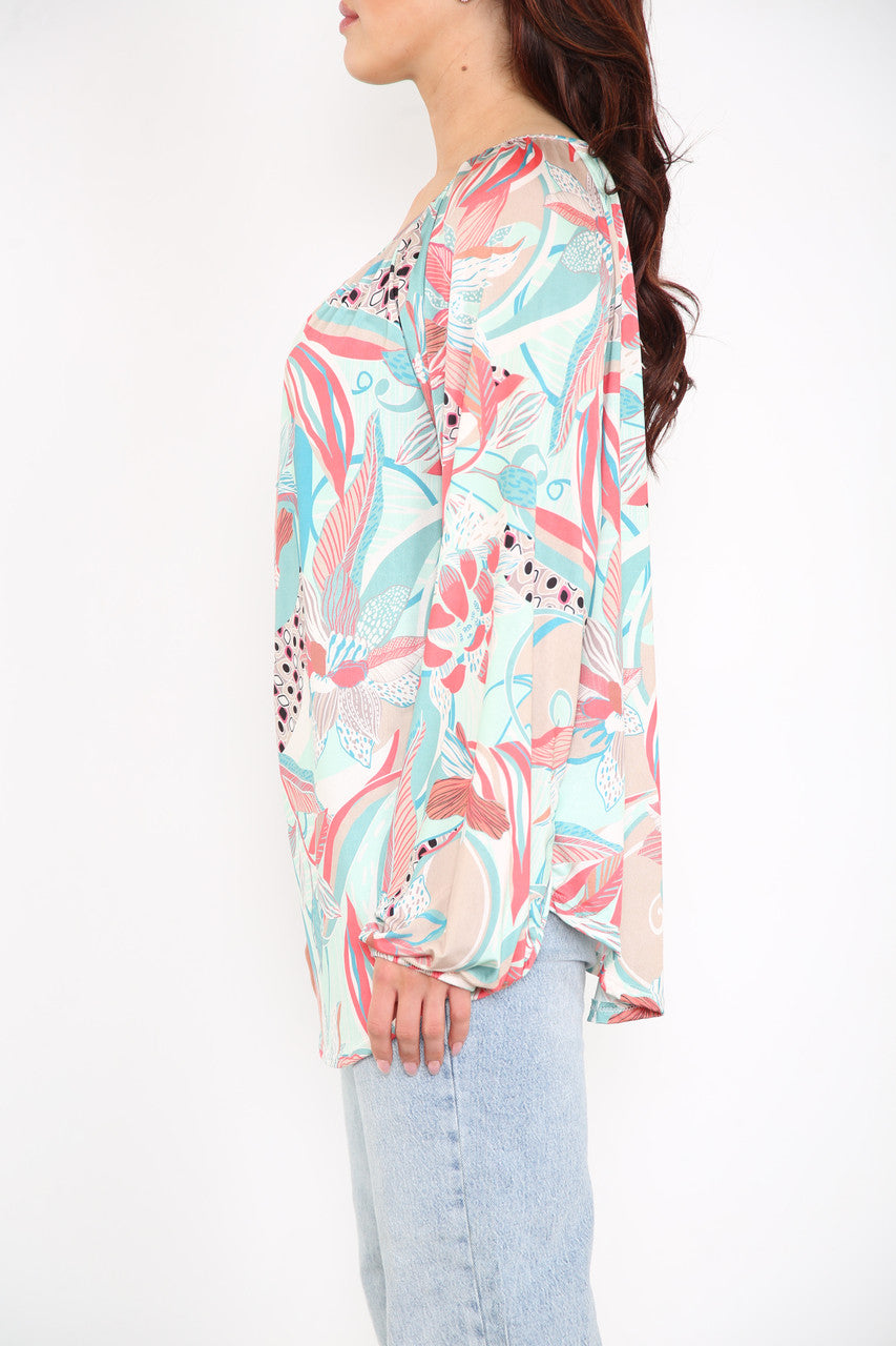 Ladies Paisley Print Slinky Blouse Top Sky Blue