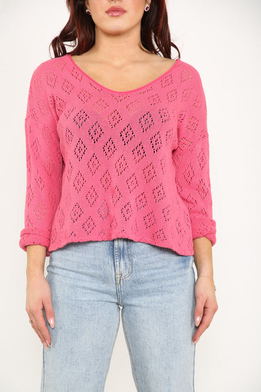 Ladies Diamond Soft Pointelle Knit Top Pink