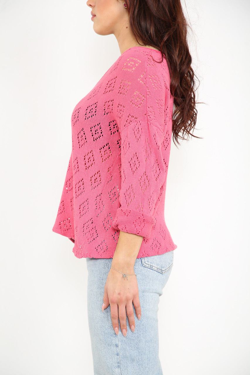 Ladies Diamond Soft Pointelle Knit Top Pink