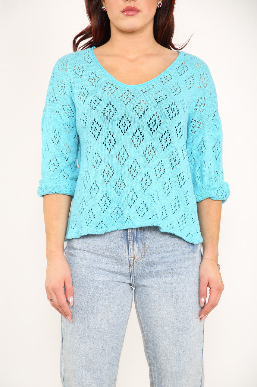 Ladies Diamond Soft Pointelle Knit Top Turquoise