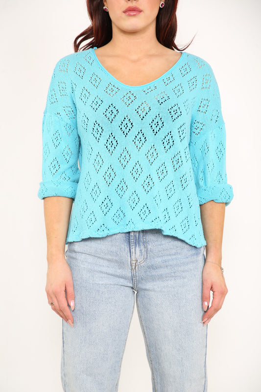 Ladies Diamond Soft Pointelle Knit Top Turquoise