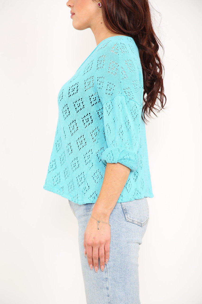 Ladies Diamond Soft Pointelle Knit Top Turquoise