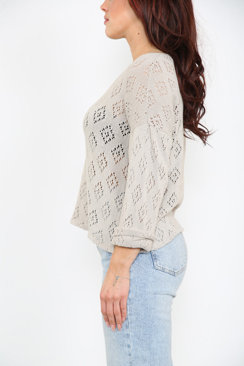Ladies Diamond Soft Pointelle Knit Top Stone