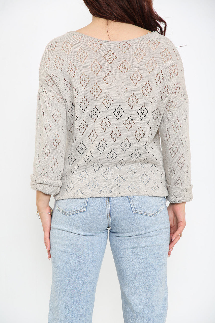 Ladies Diamond Soft Pointelle Knit Top Stone