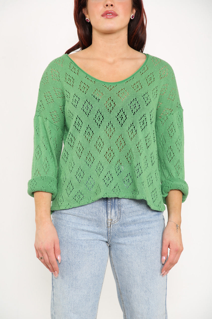 Ladies Diamond Soft Pointelle Knit Top Green