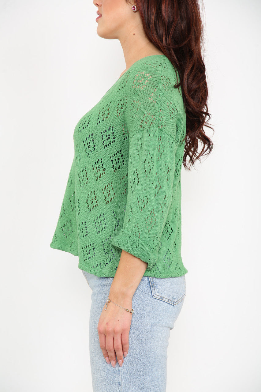 Ladies Diamond Soft Pointelle Knit Top Green
