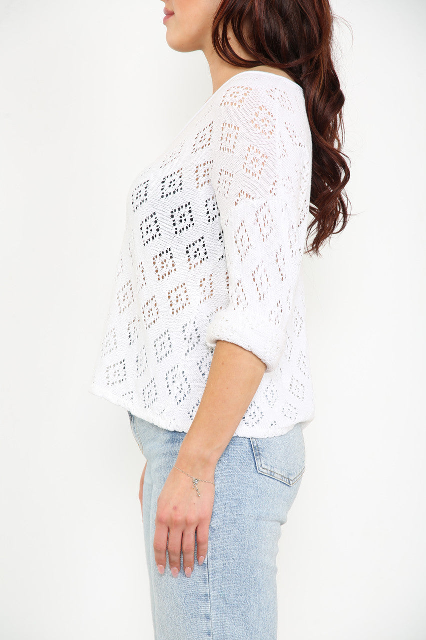 Ladies Diamond Soft Pointelle Knit Top White