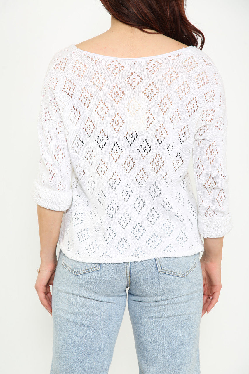 Ladies Diamond Soft Pointelle Knit Top White
