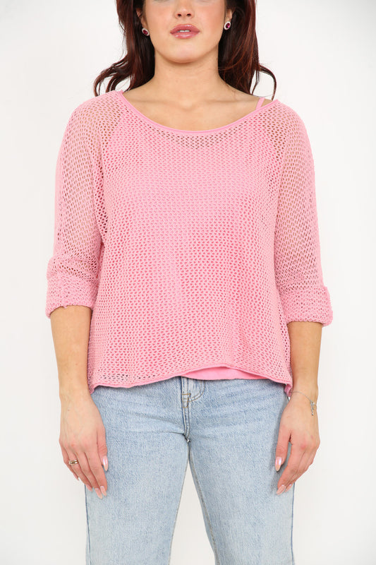 Ladies 2 Layer Fishnet Top Pink