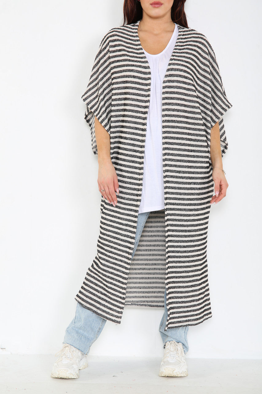 Ladies Textured Slub Kimono Style Cardigan Black/White Stripes