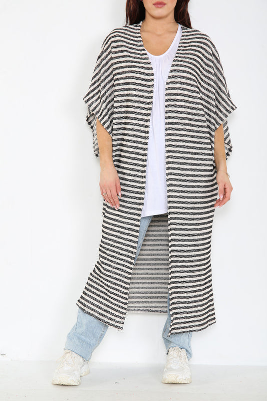 Dames Kimono-stijl Cardigan met Textuur van Slubgaren, Zwart/Wit Gestreept