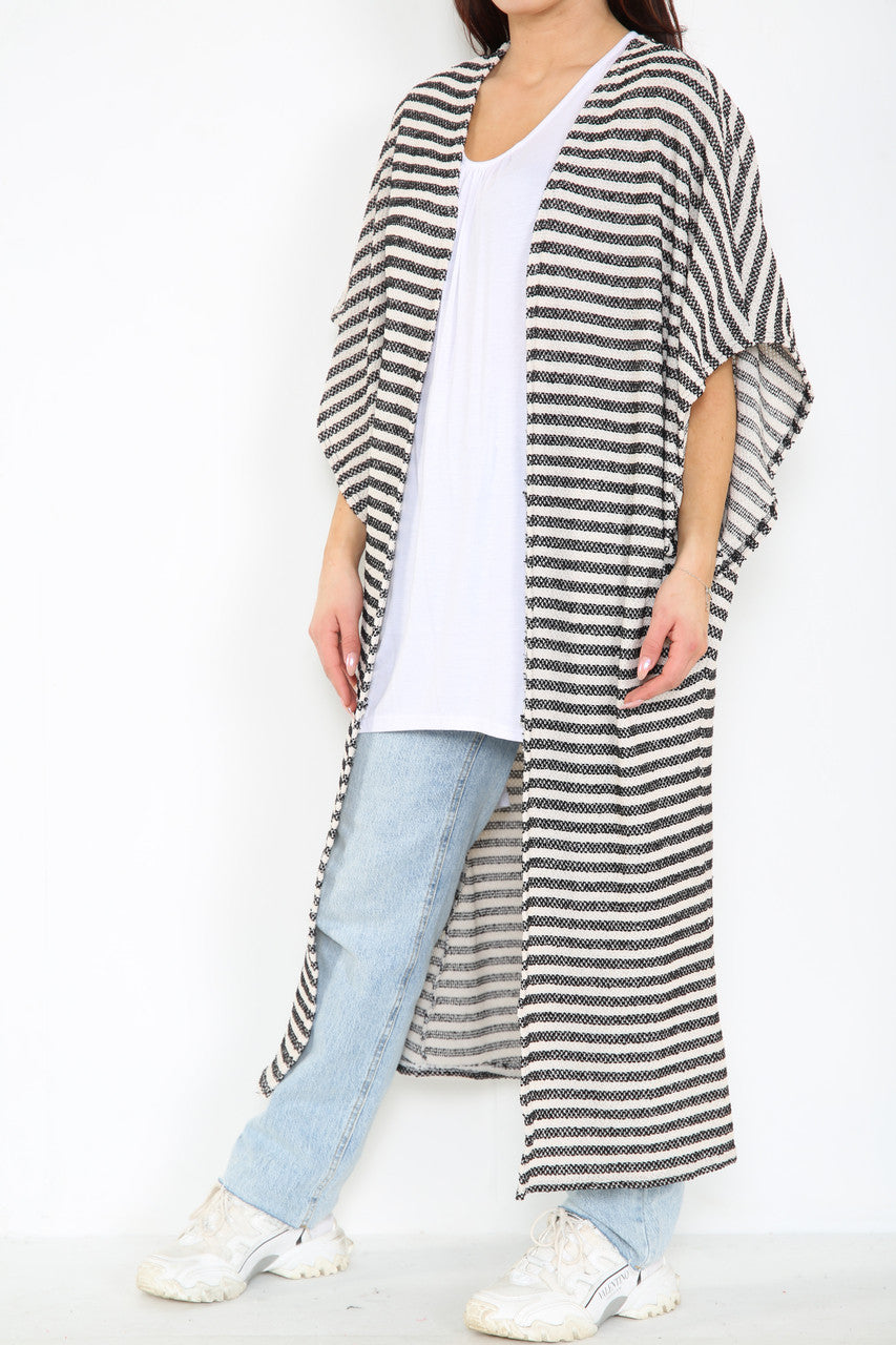 Ladies Textured Slub Kimono Style Cardigan Black/White Stripes