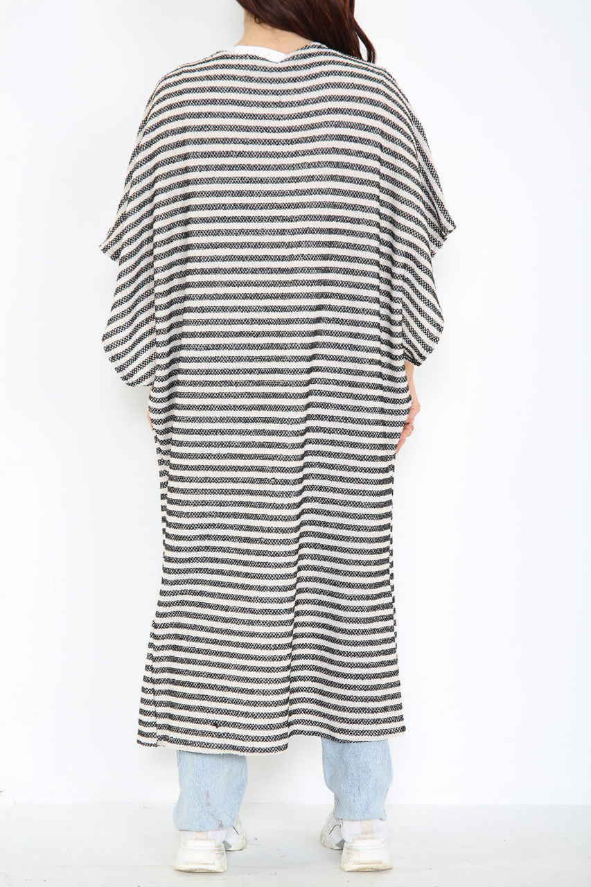 Ladies Textured Slub Kimono Style Cardigan Black/White Stripes