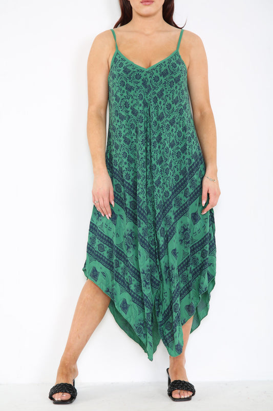 Ladies Boho & Elephant Hem Print Strappy Dress Green
