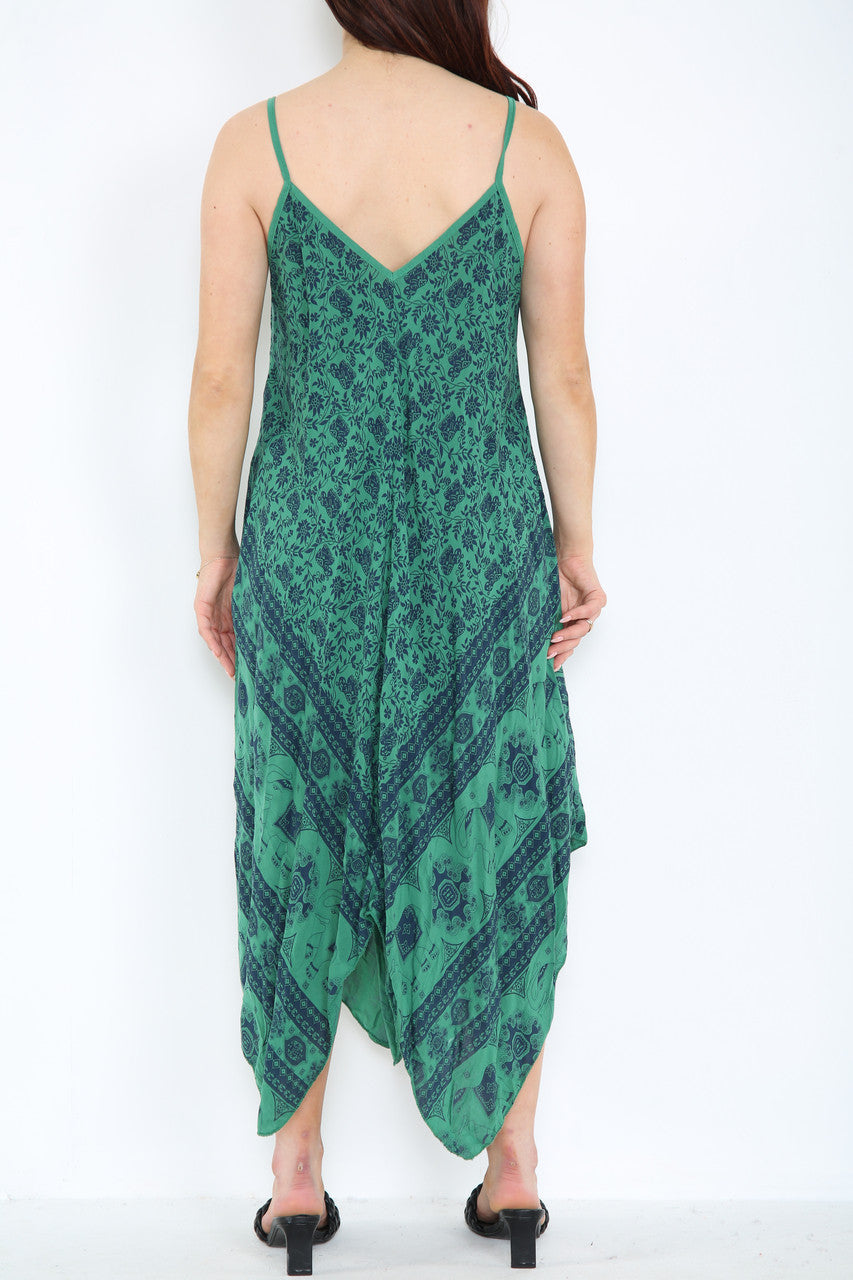 Ladies Boho & Elephant Hem Print Strappy Dress  Green