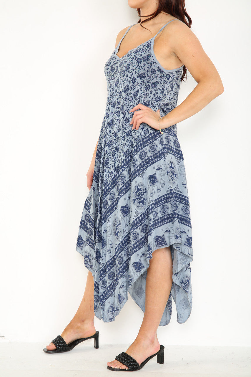 ELEPHANT HEM PRINT STRAPPY DRESS DENIM