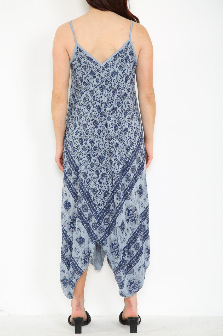ELEPHANT HEM PRINT STRAPPY DRESS DENIM