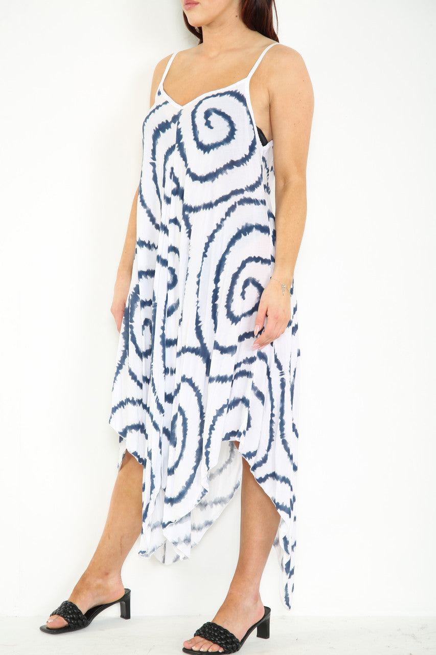 TIE DYE SWIRL PRINT STRAPPY DRESS WHITE