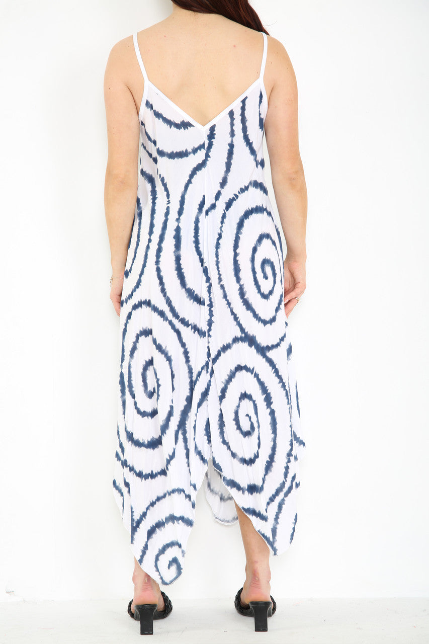 TIE DYE SWIRL PRINT STRAPPY DRESS WHITE