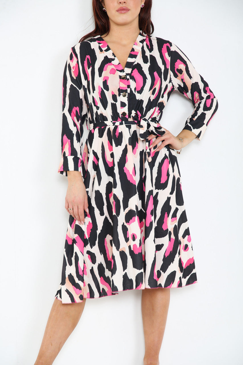 Ladies Colourful Animal Print Dress Cerise