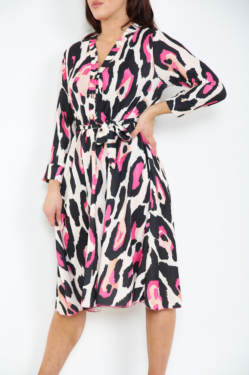 Ladies Colourful Animal Print Dress Cerise