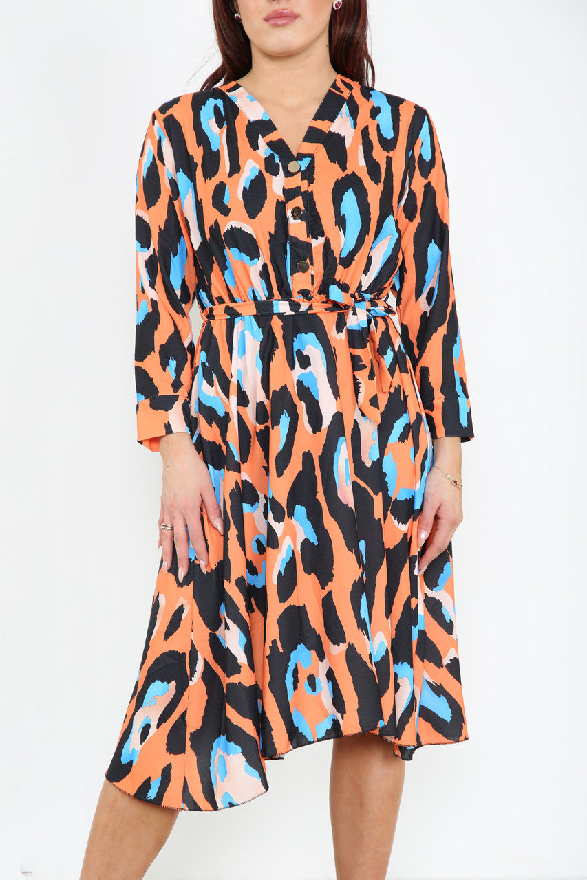 Ladies Colourful Animal Print Dress Orange