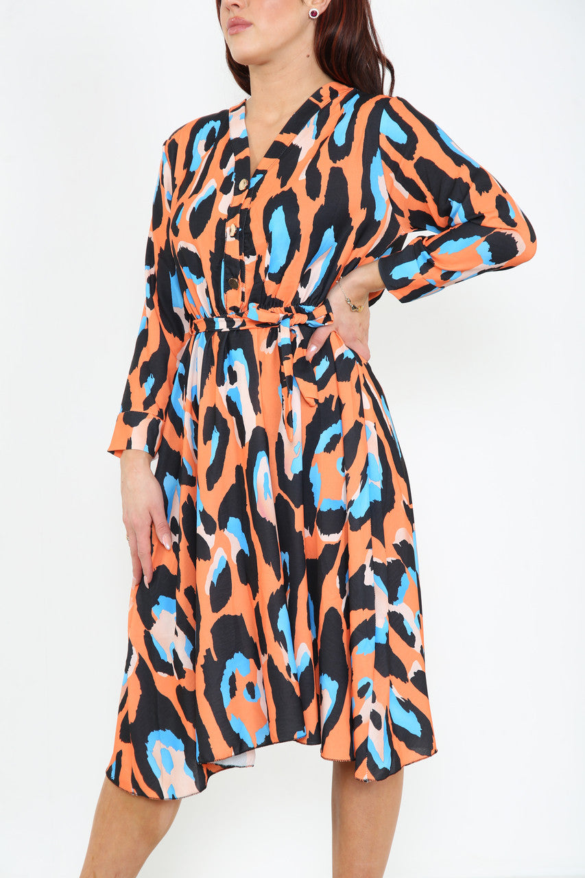 Ladies Colourful Animal Print Dress Orange