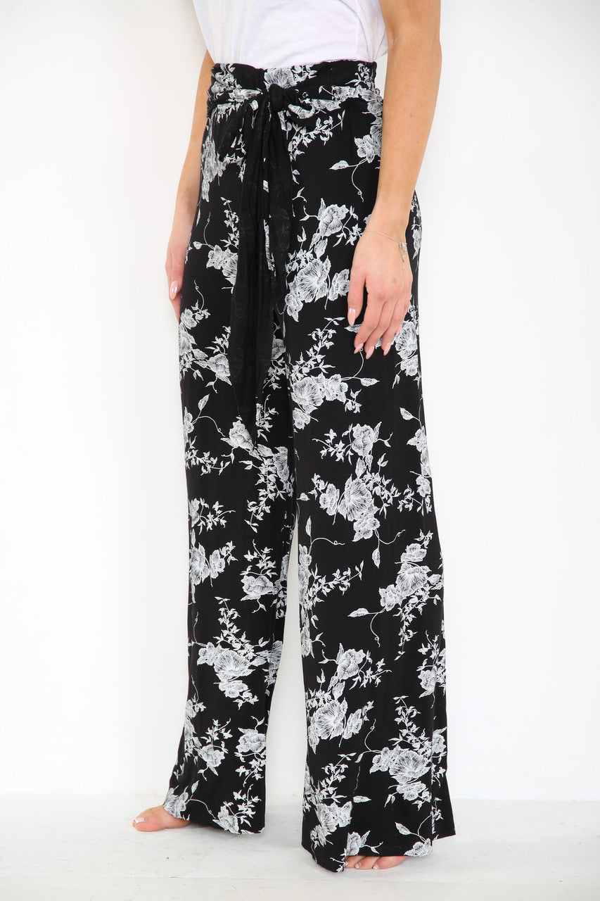 Ladies Floral Outline Print Wide Leg Trousers With Belt