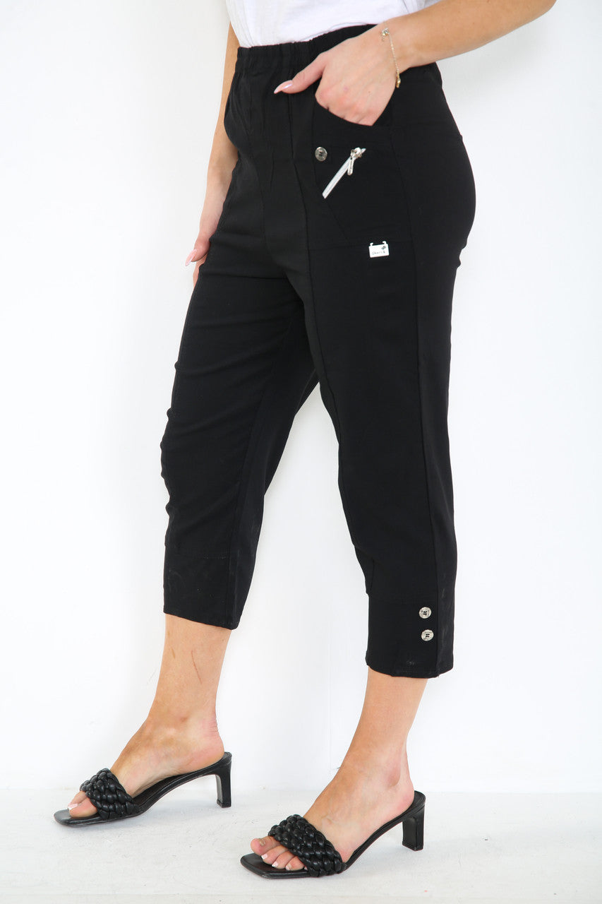 CAPRI CROPPED STRETCH CHERRY BERRY TROUSERS BLACK