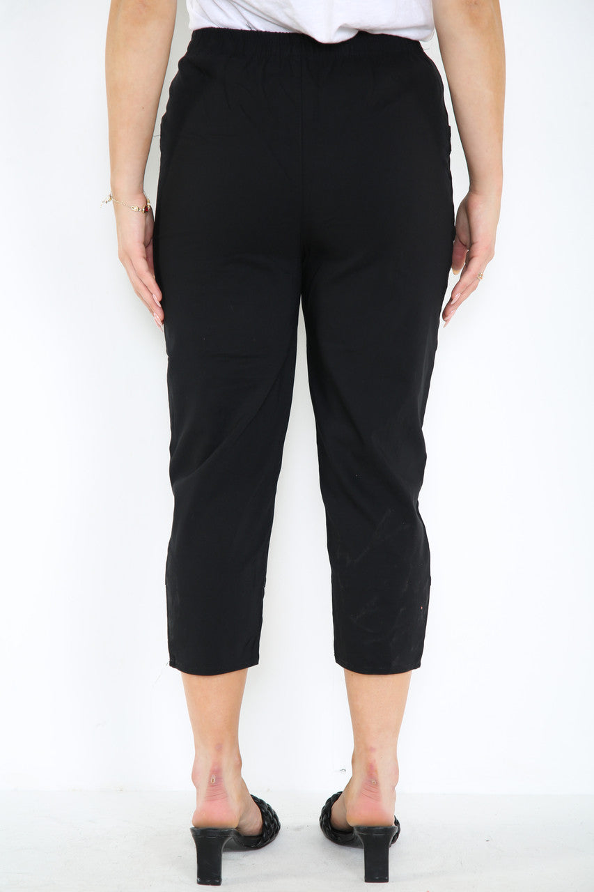 CAPRI CROPPED STRETCH CHERRY BERRY TROUSERS BLACK