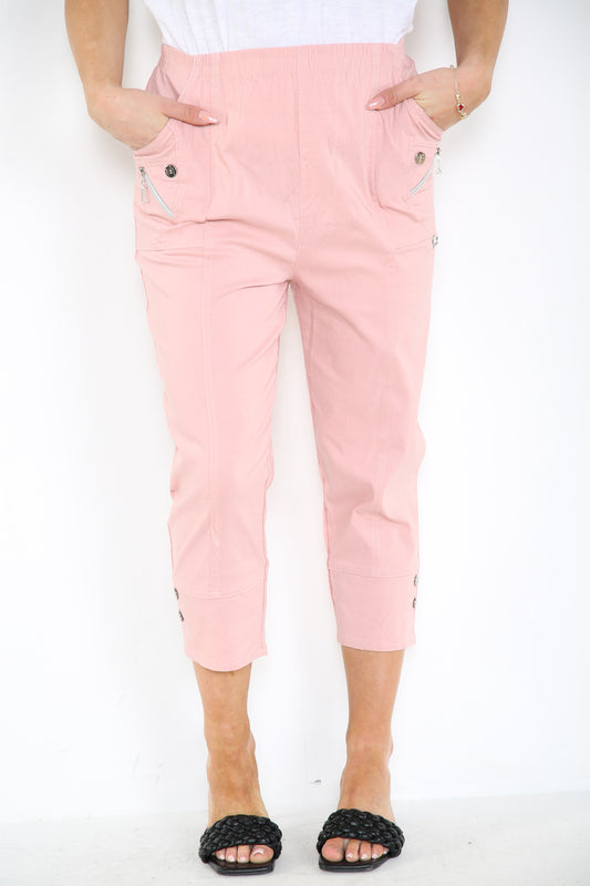 CAPRI CROPPED STRETCH CHERRY BERRY TROUSERS DUSTY PINK