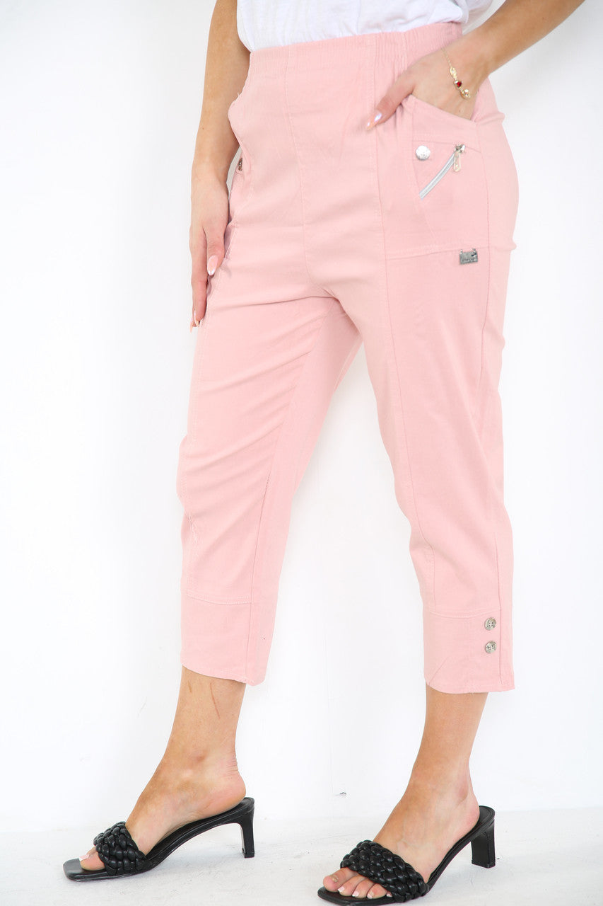 CAPRI CROPPED STRETCH CHERRY BERRY TROUSERS DUSTY PINK