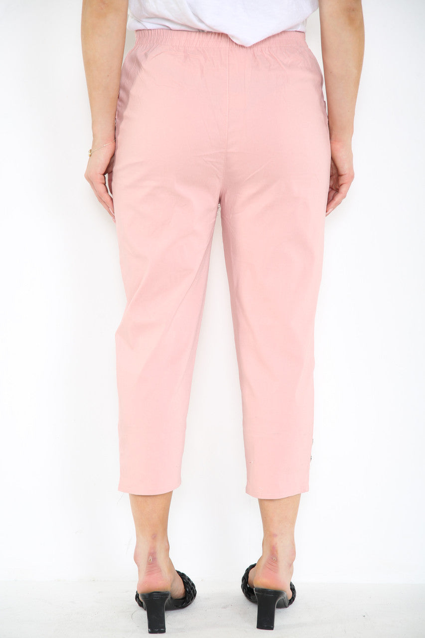 CAPRI CROPPED STRETCH CHERRY BERRY TROUSERS DUSTY PINK
