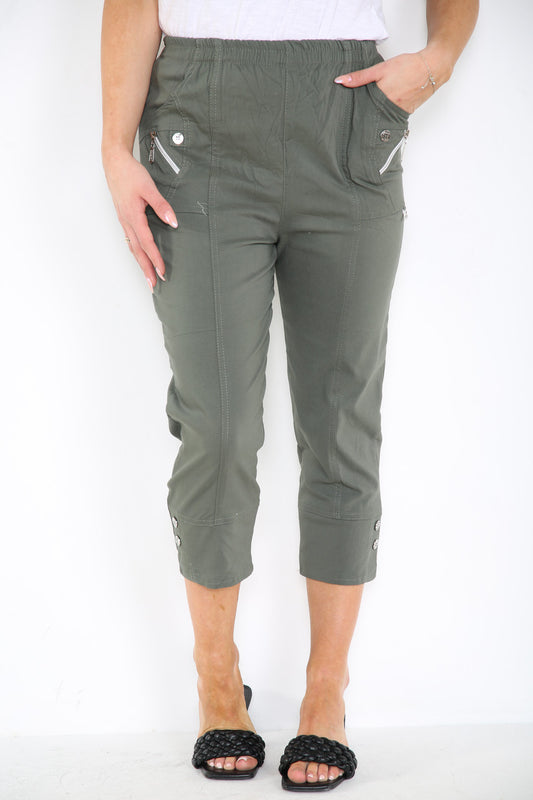 CAPRI CROPPED STRETCH CHERRY BERRY TROUSERS KHAKI