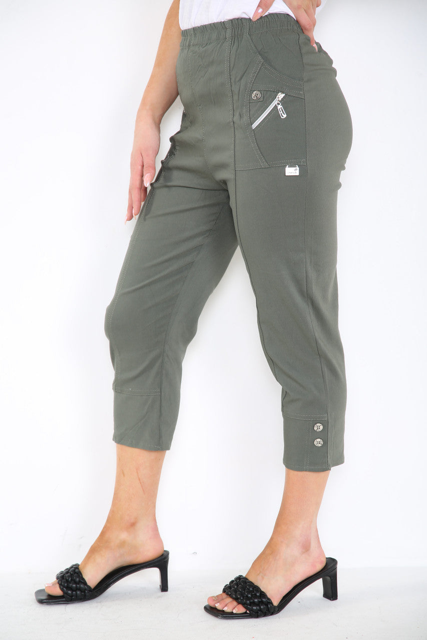 CAPRI CROPPED STRETCH CHERRY BERRY TROUSERS KHAKI