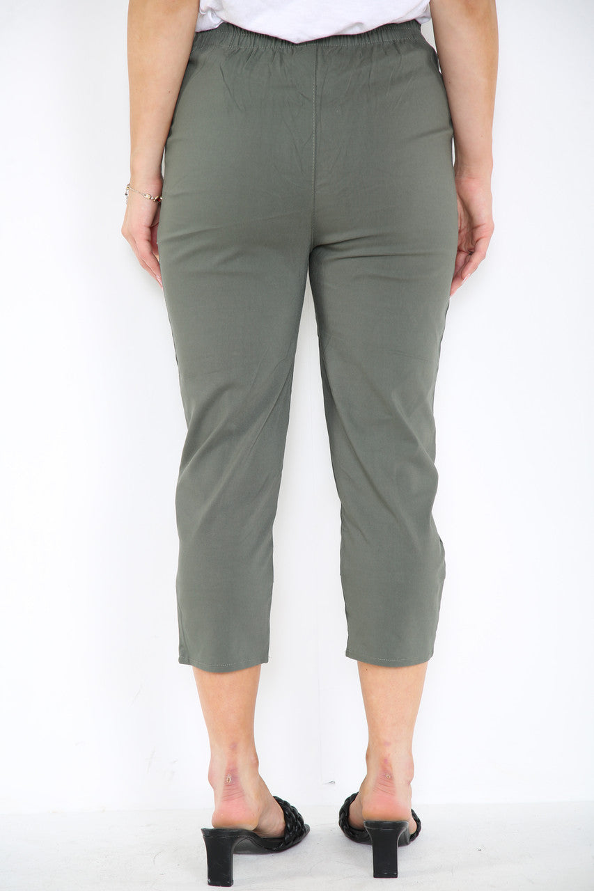 CAPRI CROPPED STRETCH CHERRY BERRY TROUSERS KHAKI