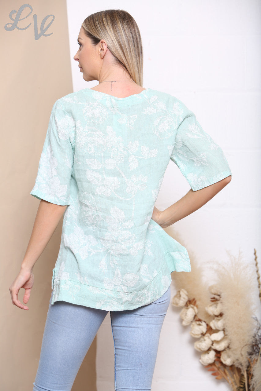 Dames Top met Bloemenprint en Schetsdesign Mint
