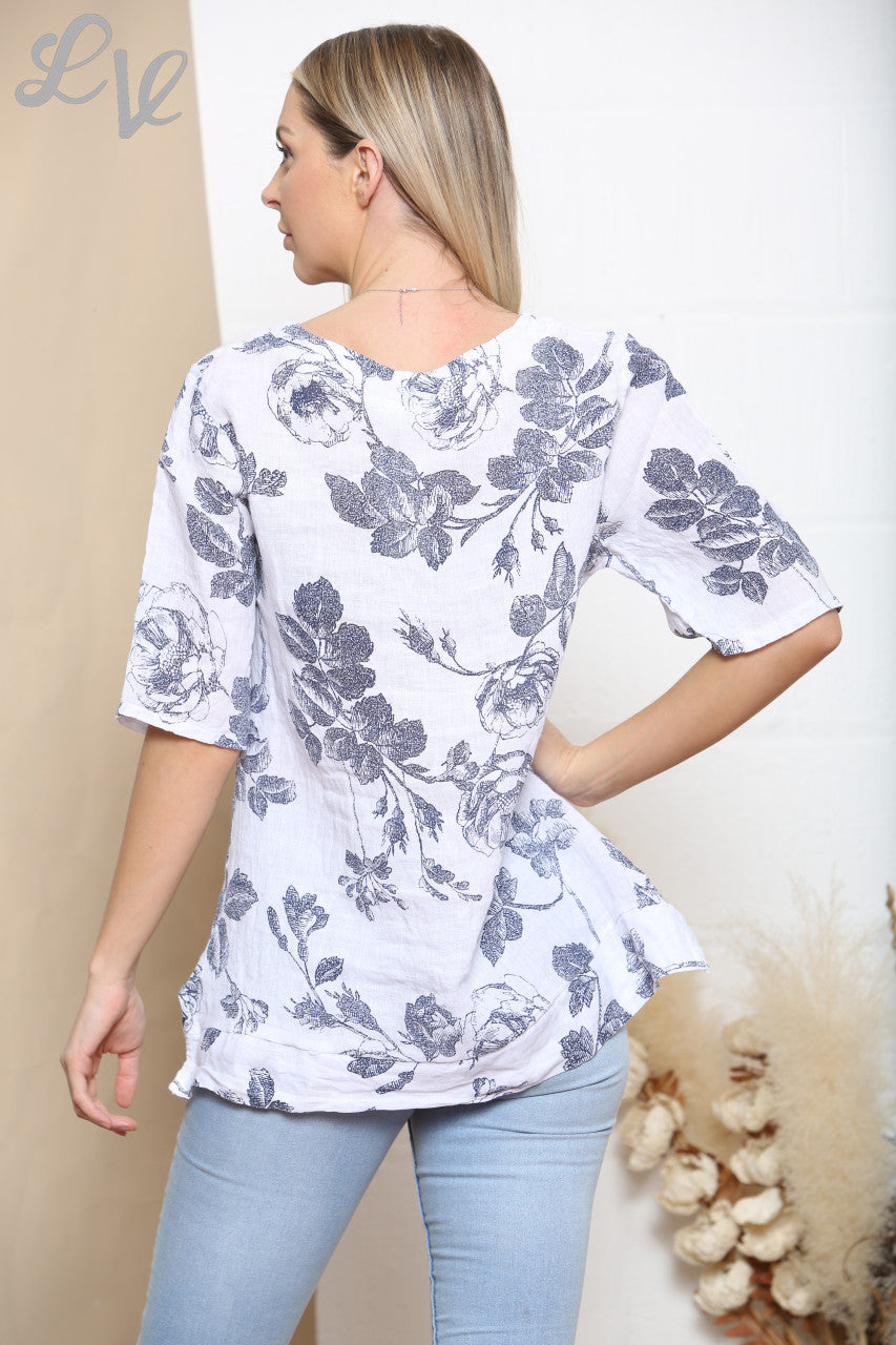Dames T-shirt met bloemenprint schets in wit
