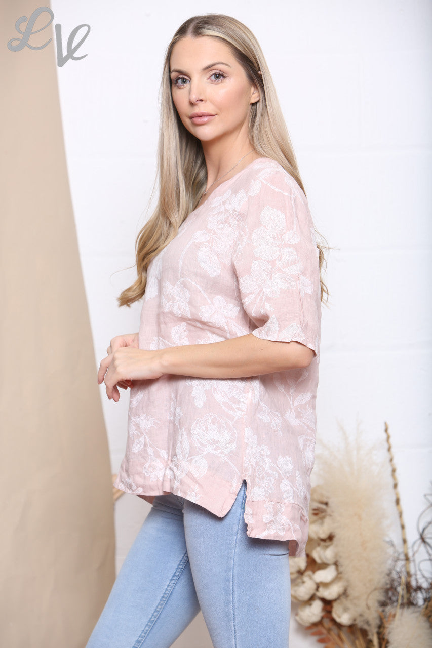 Dames Top Met Bloemenprint En Schets Dessin Stof Roze