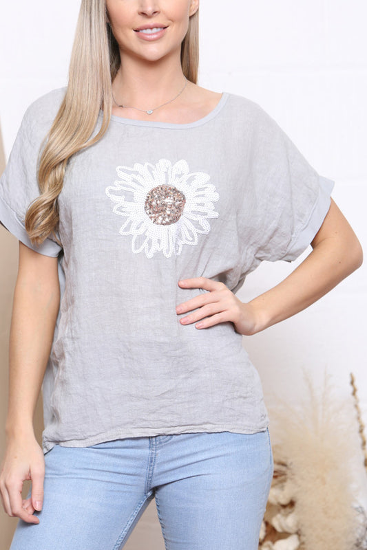 Ladies Sequin Flower Top Grey