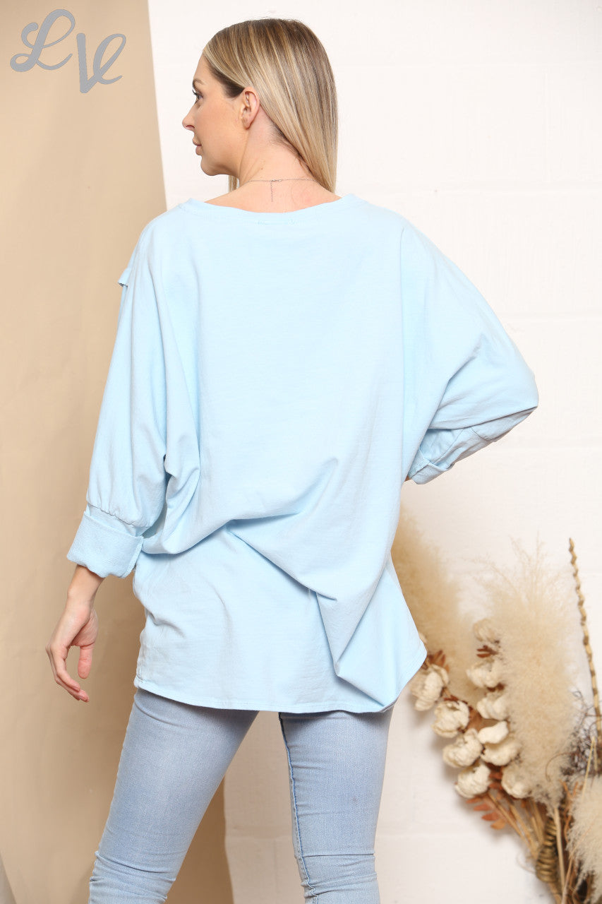 Ladies Glitter Pocket Sweatshirt Top Sky Blue