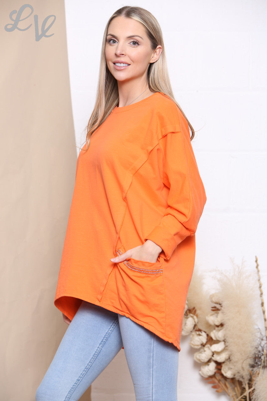 Ladies Glitter Pocket Sweatshirt Top Orange