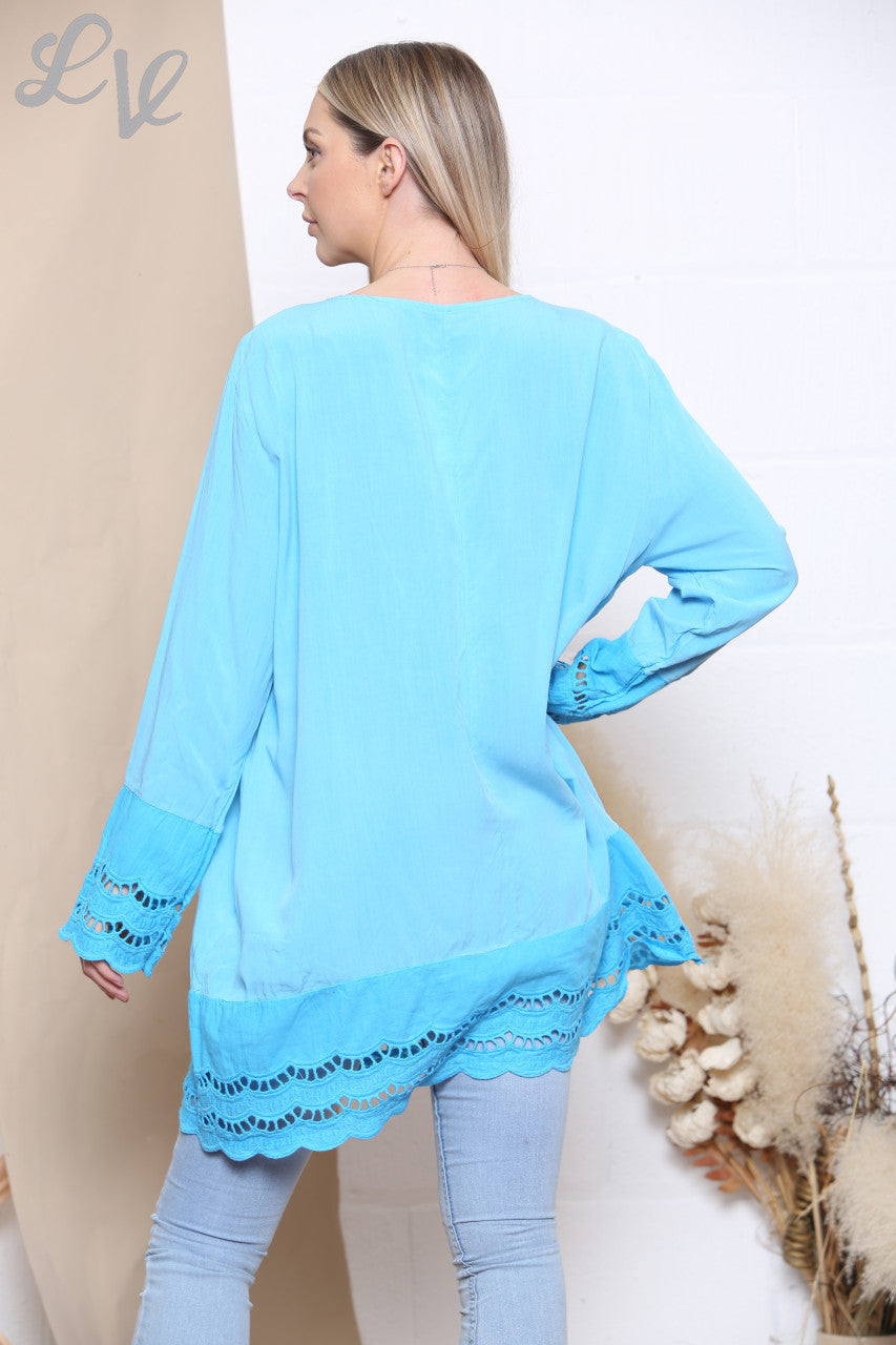 Ladies Lace Hem Bottom & Sleeves Top Turquoise