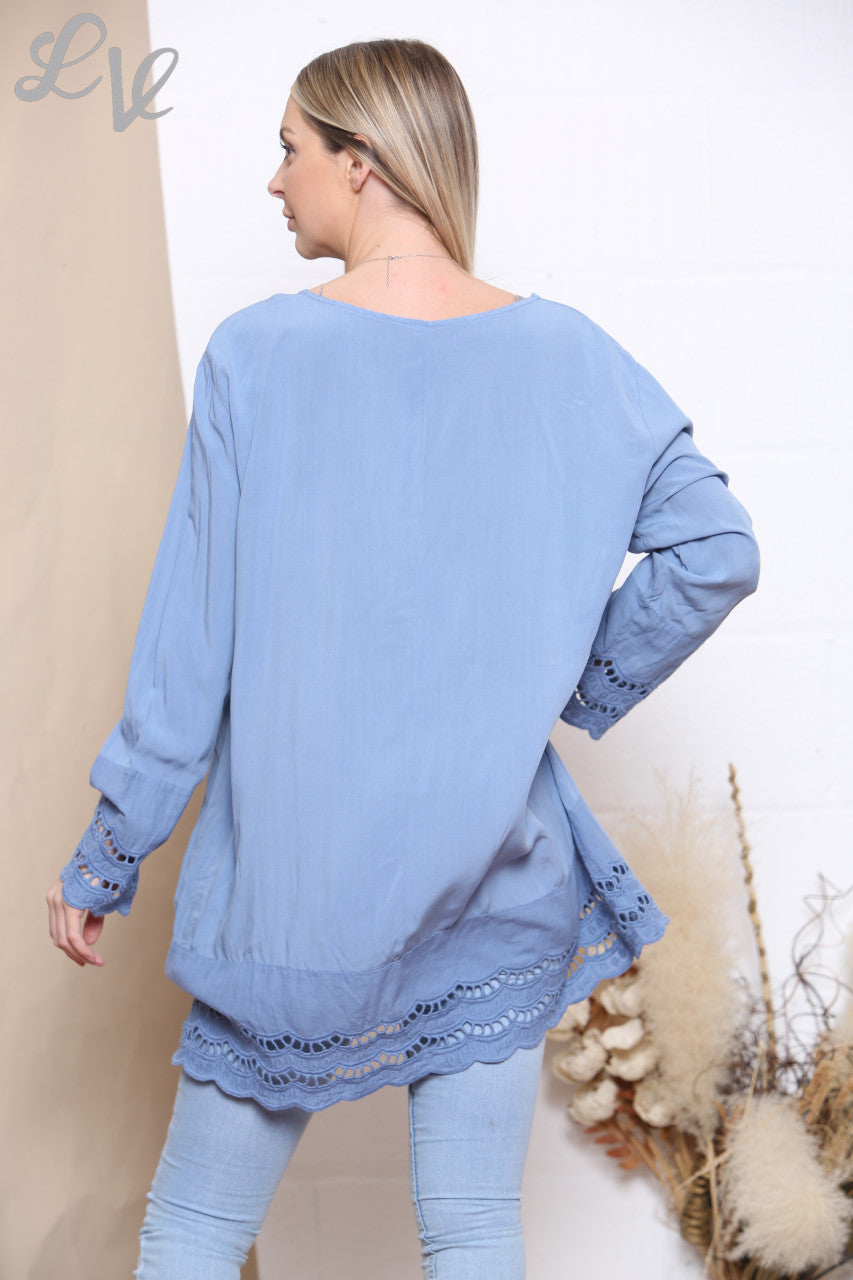 Dames Top Denim met Kanten Zoom aan Onderkant en Mouwen